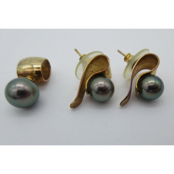 Laurie‎ Lyall handmade modernist 18k gold black pearl pendant earring set - Picture 1 of 12